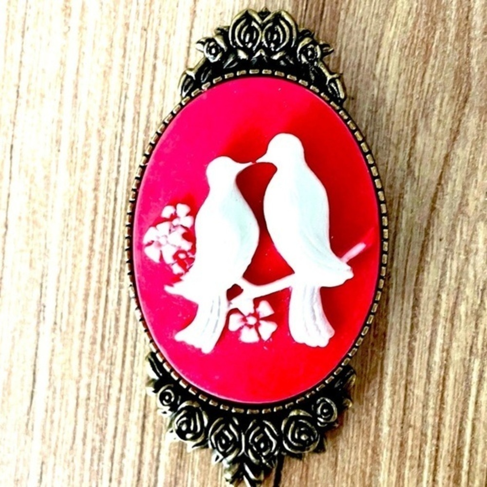 Red and White Bird Cameo Victorian Style Brooch, NWT, Handmade, Unworn
